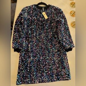 Sequin Multicolor Long Sleeve Dress - Black Base NWT